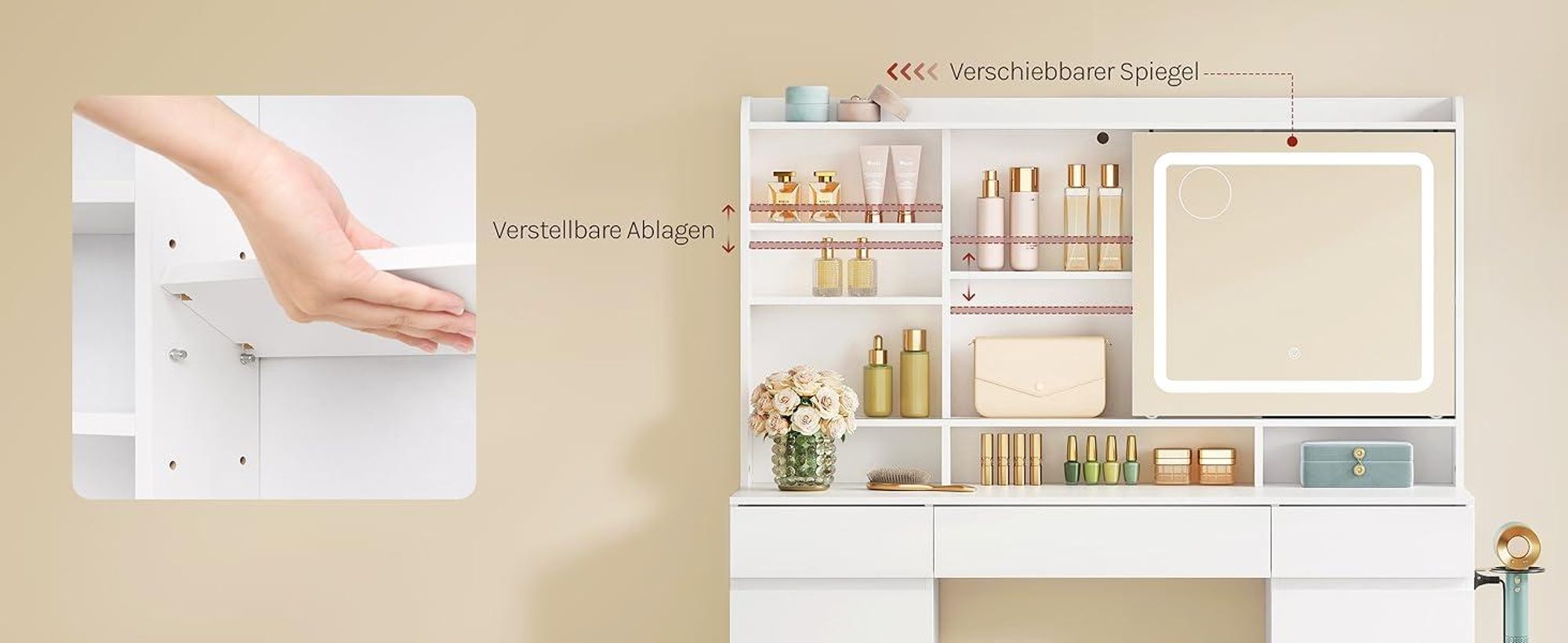 WOLTU Schminktisch mit LED-Beleuchtung und Steckdose, Verschiebbarer Spiegel, Weiß