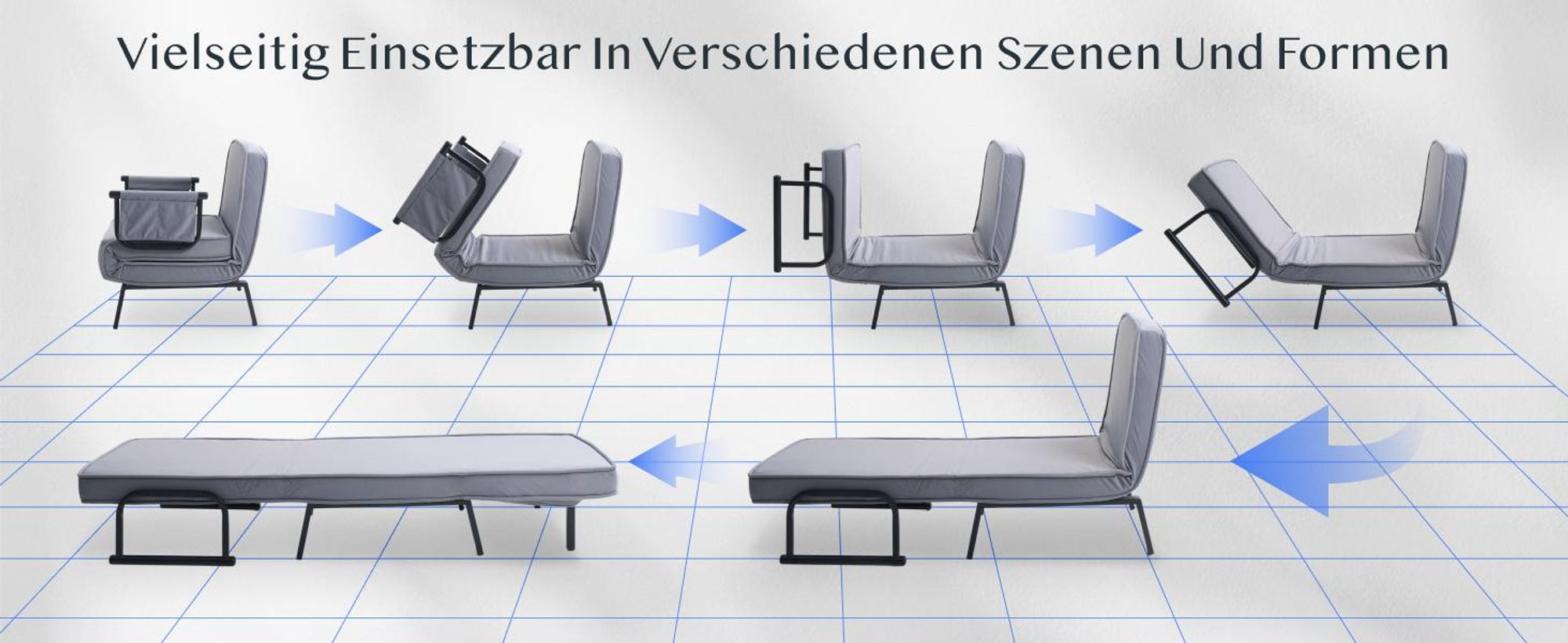 FlexiSpot 3-in-1 Schlafsessel mit Bettfunktion, Verstellbare Rückenlehne, Klappbare Beine, Seitentasche, Platzsparend für Wohnzimmer/Büro (Grau)