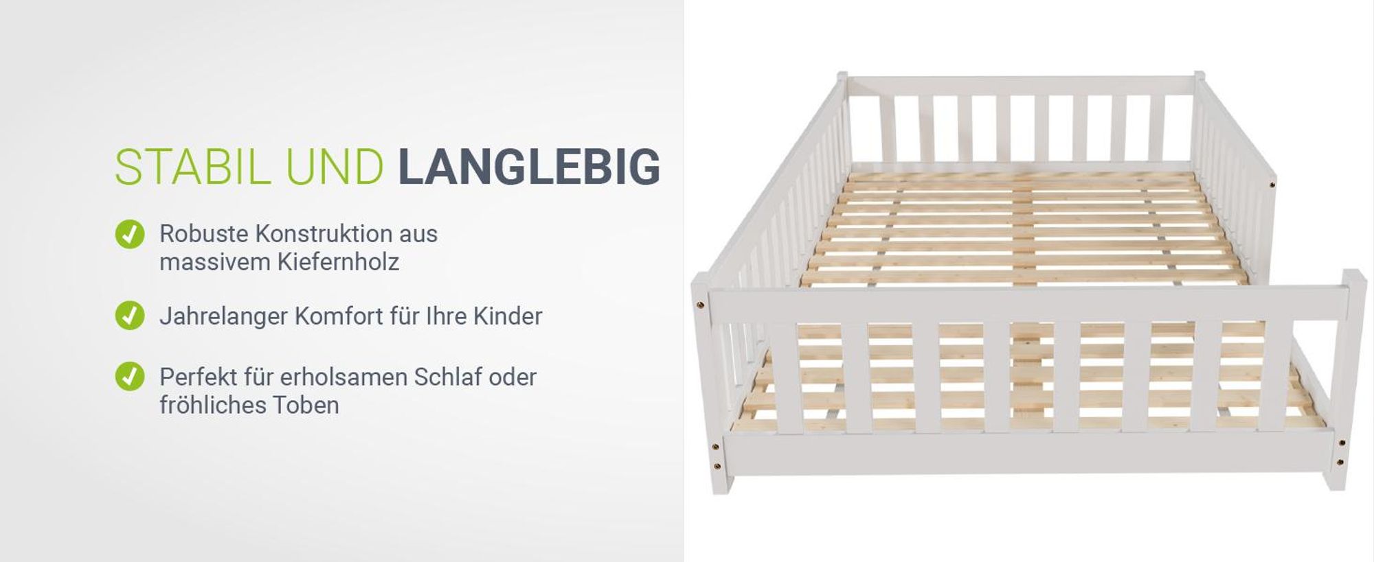 Juskys Kinderbett Naya 120x200 cm mit Rausfallschutz & Lattenrost - Holz Bodenbett Weiß