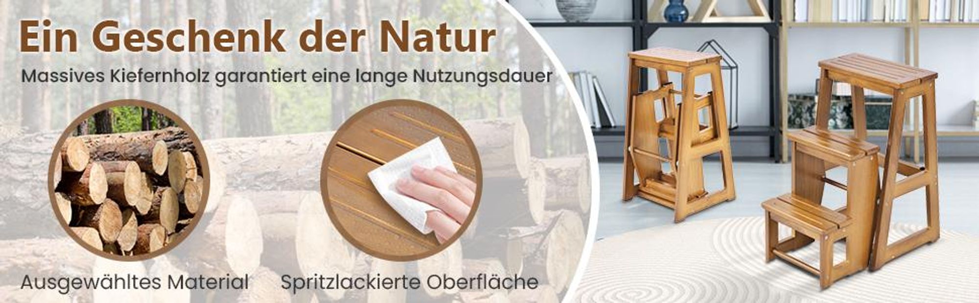 COSTWAY Tritthocker 3 Stufen, Leiterstuhl Trittstuhl klappbar 66cm hoch, Hockerleiter bis 150 kg, Trittleiter aus Massivholz, Natur