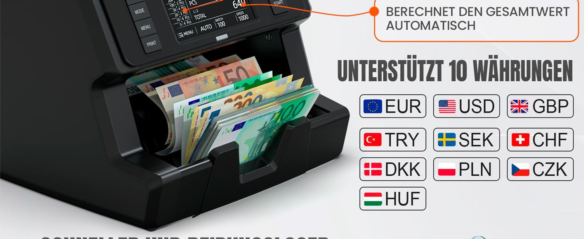 Jubula MV-400 Geldzählmaschine mit MPR-1 Drucker, Touchscreen, gemischter Wertzählung, Falschgelderkennung, 10 Währungen