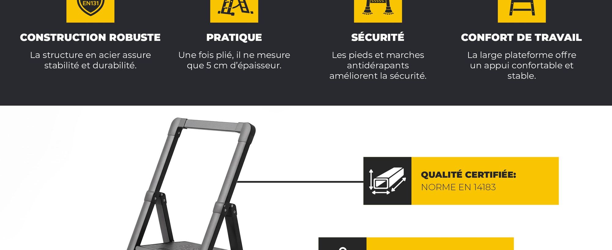 Drabest | Chef d'équipe - Échelle en acier - Chef d'atelier - 3 marches - Noir - Pliable - Charge maximale : 150 kg - Hauteur de travail : 2,66 m