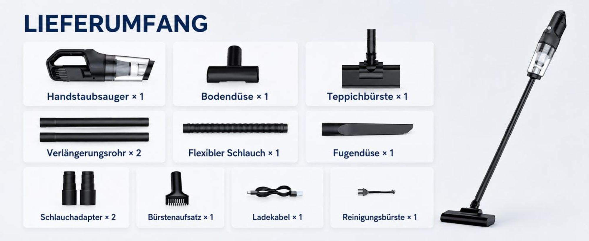 Akku-Staubsauger,Stielstaubsauger,6300Pa Handstaubsauger,5-in-1 Kabelloser Staubsauger mit leistungsstarker Saugkraft, Für Harte Böden Teppich