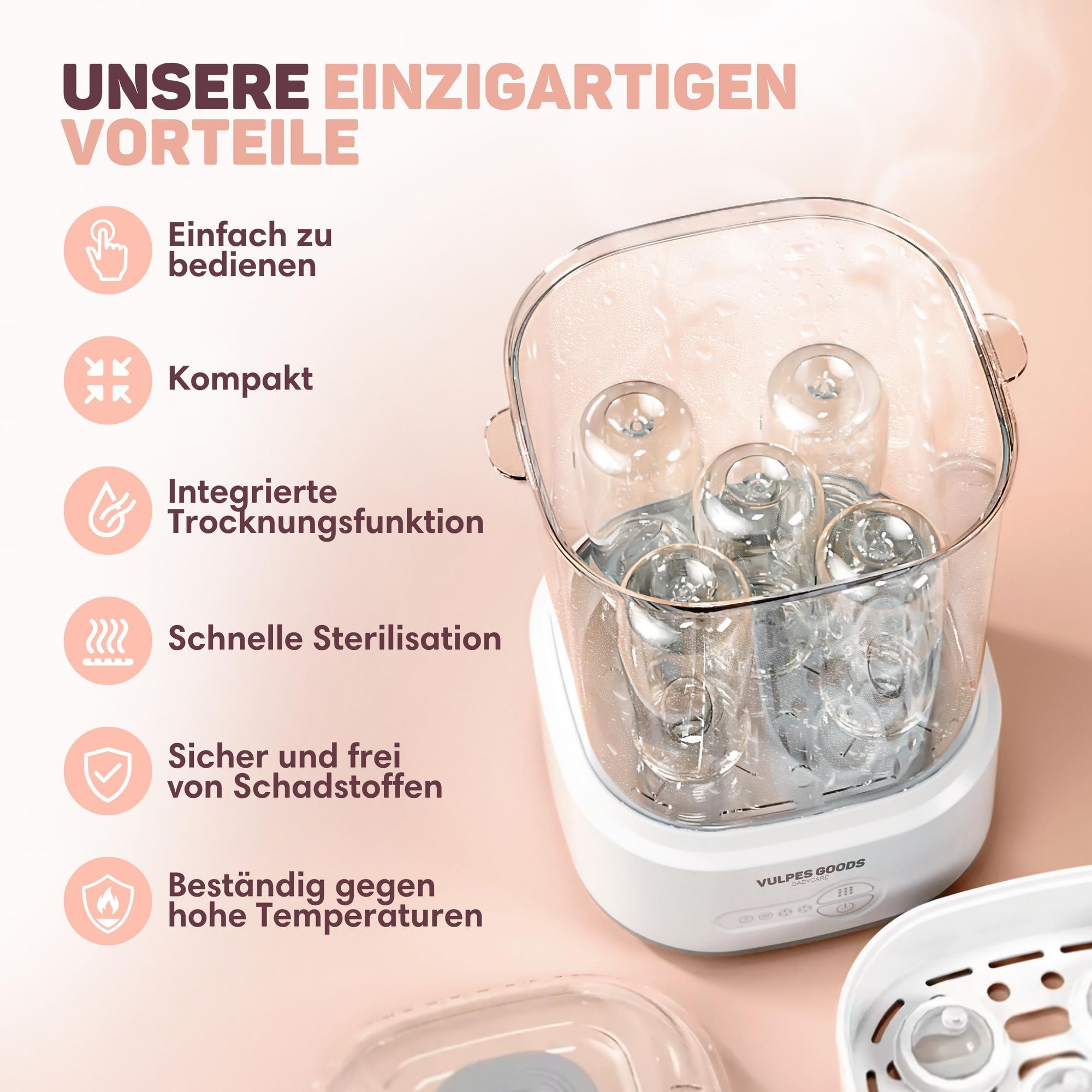 Vulpes Goods PRO Sterilisator für Babyflaschen 5-in-1 Komplettfunktion, Flaschensterilisator Baby Reinigungsset mit Dampftechnologie