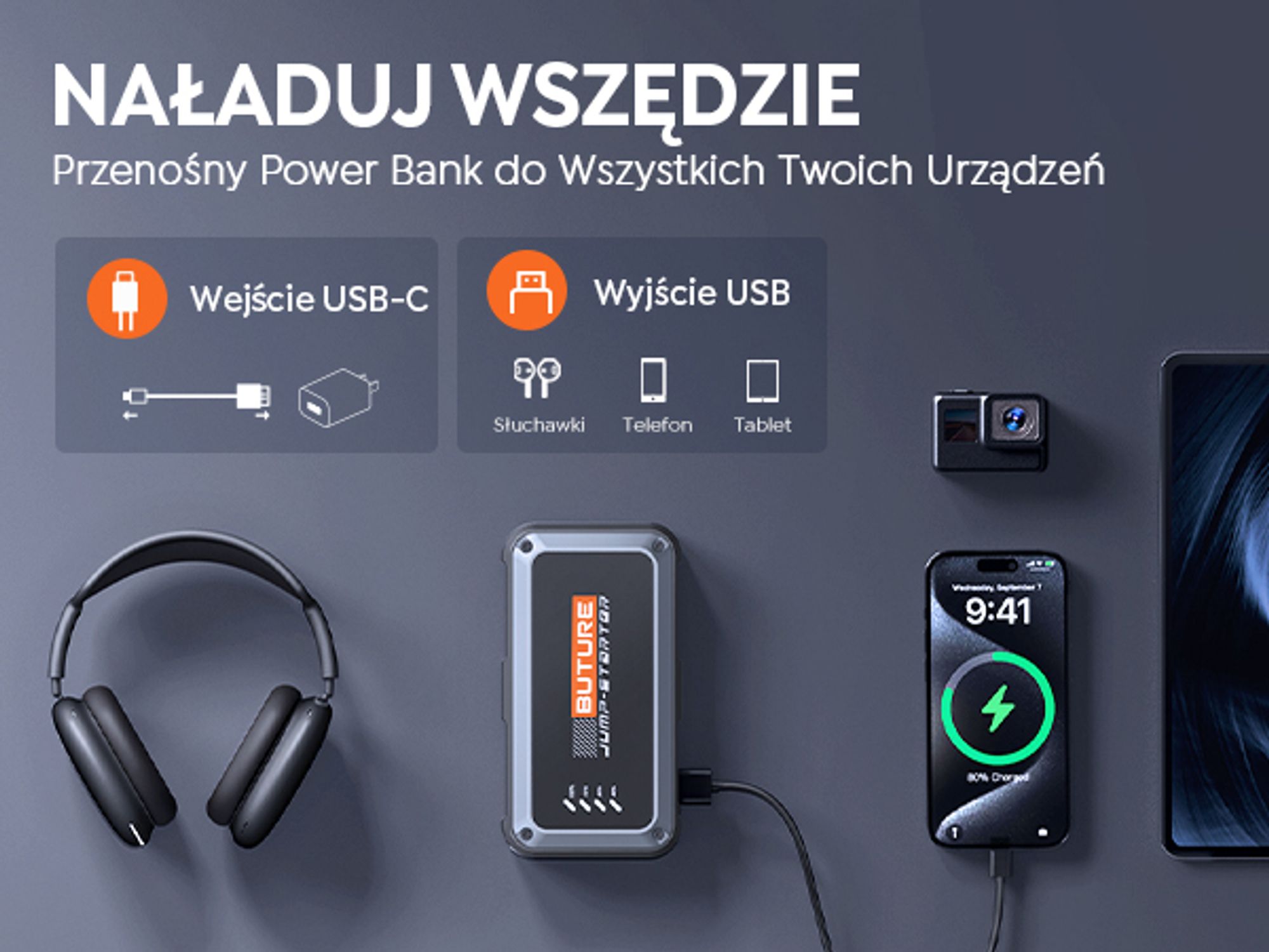 Buture Jump Starter Power Bank, 3000A szczytowy prąd, PD45W szybkie ładowanie, Starter Power Bank samochodowy Jump Starter, Beta08