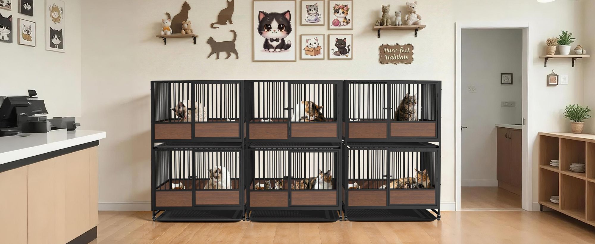 WISFOR Katzenkäfig rollbar, Katzengehege mit Bodenschale, Hundekäfig mit Türen, Stapelbares Katzenkäfig