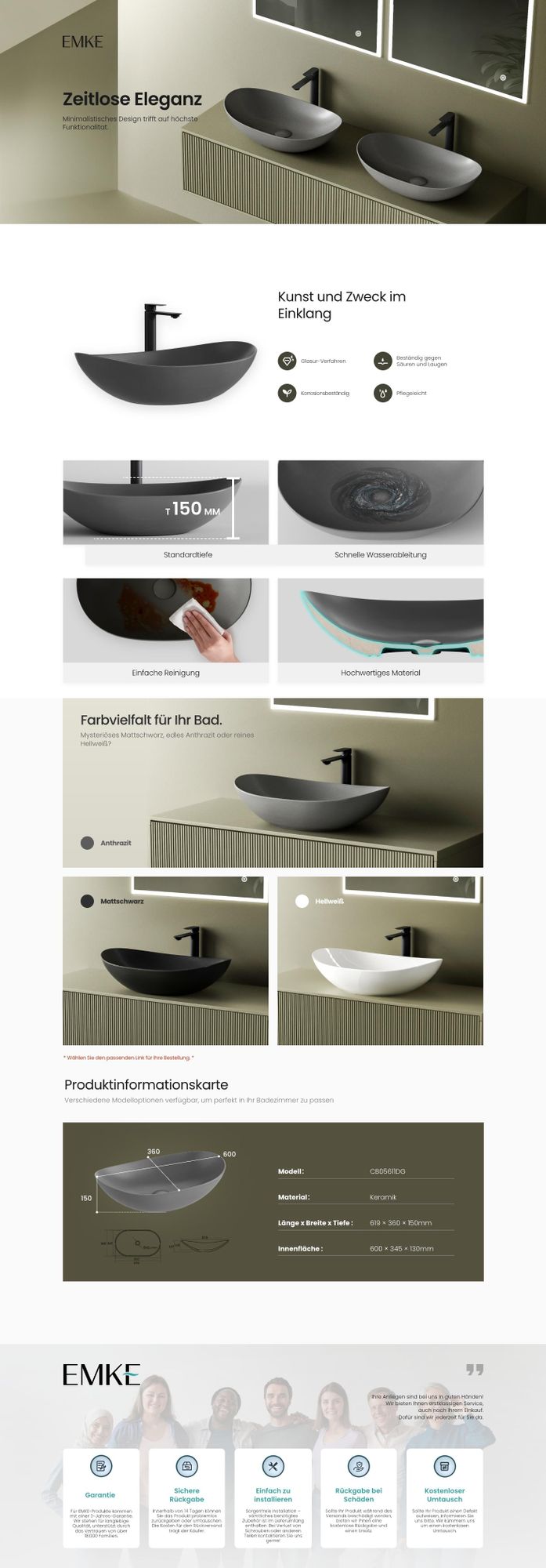 EMKE Keramik Waschbecken – Ovales Aufsatzbecken in Mattgrau 615 x 360 x 155 mm ideal für Hocharmaturen