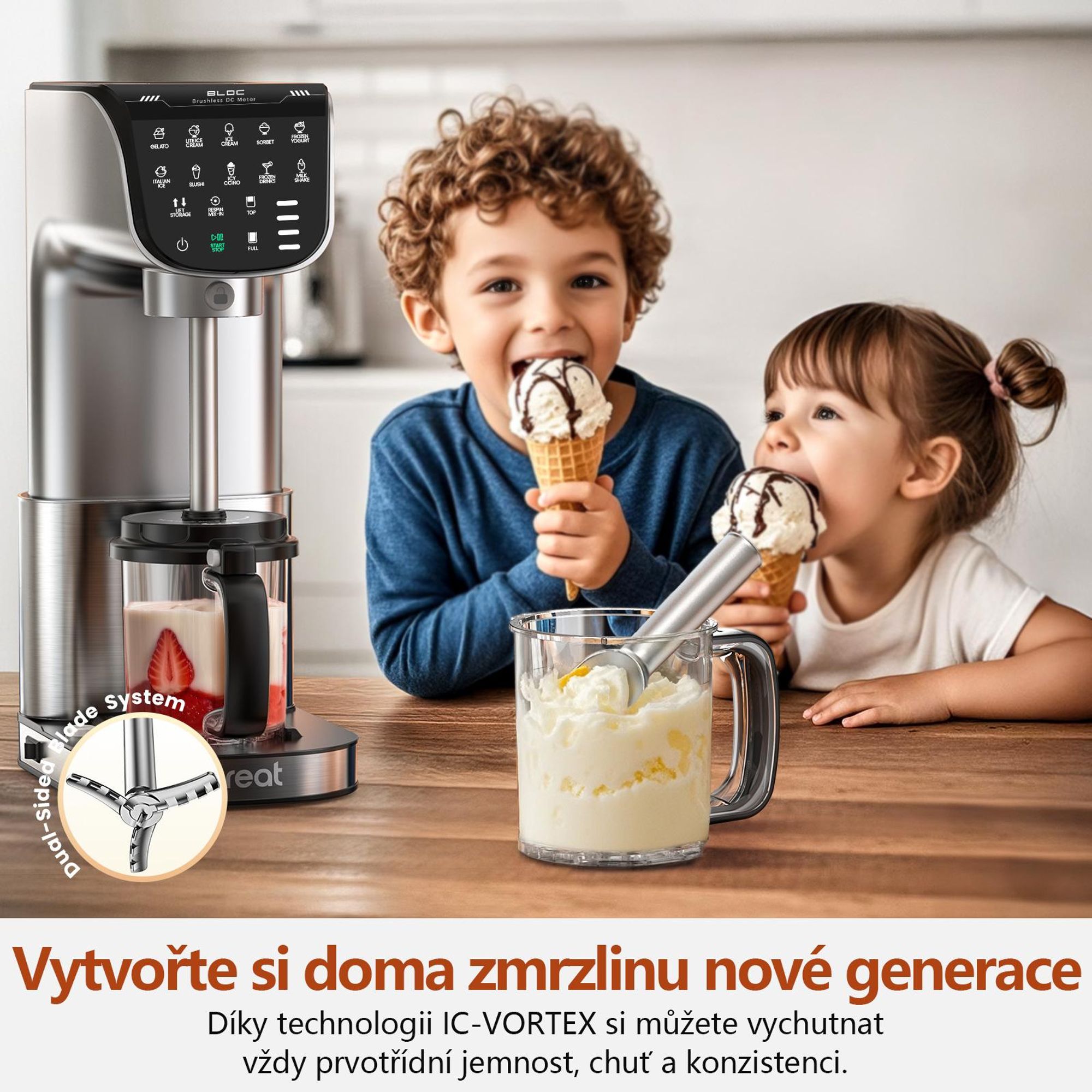 Výrobník zmrzliny IcyTreat IC-1010 EU – CE – Plně automatický, kryt z nerezové oceli – Vybavený 3 nádobami a 12 programy – Stříbrný