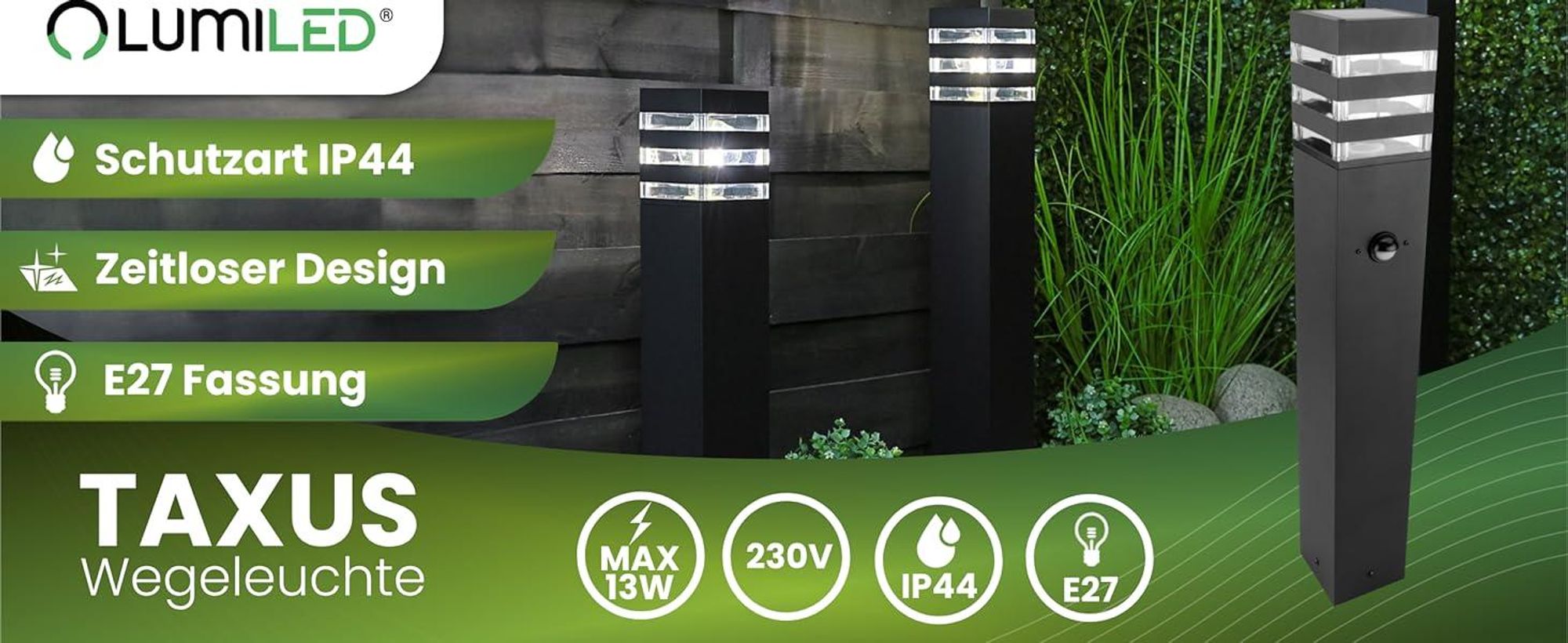 LUMILED Wegeleuchte Außen Pollerleuchte Außenstehleuchte Stehlampe mit Bewegungssensor PIR Gartenleuchte Wegelampe 60cm IP44 E27 Fassung max 13W
