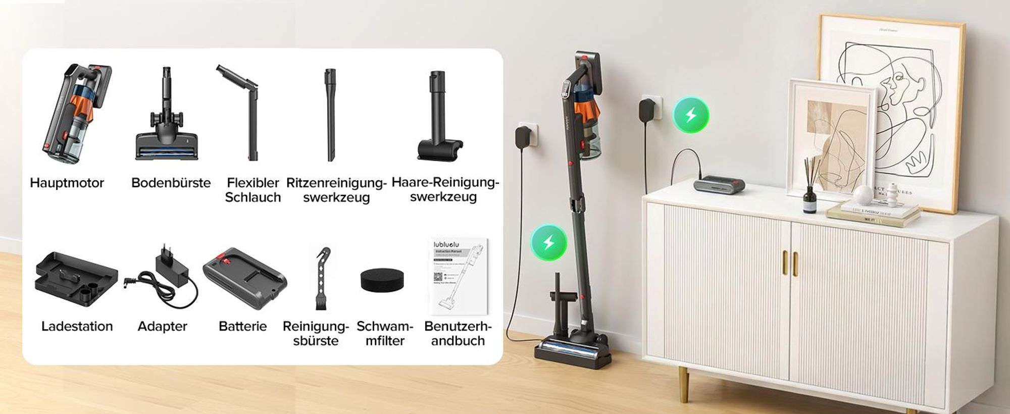Lubluelu Akku-Staubsauger,85000PA/ 650W/70Min, Staubsauger Kabellos Mit Selbststehendes Design, Flexibles Biegegelenk, Anti-Tangle Bodenbürste,G30