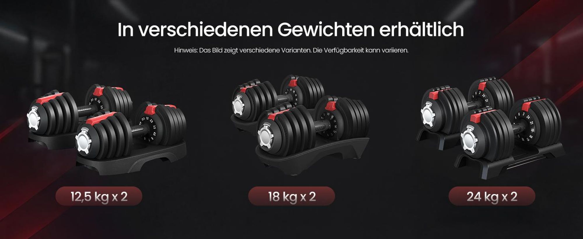 SONGMICS Kurzhanteln 2er set, verstellbar, 12-in-1, 3 kg bis 24 kg, mit Ständer, schwarz-rot