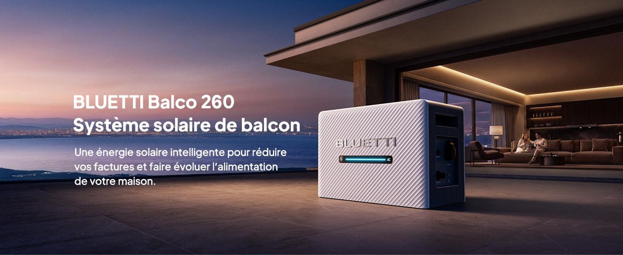 Système de production d'énergie solaire pour balcon BLUETTI Balco 260, 2560 Wh, entrée solaire de 2400 W via 4 trackers MPPT, extensible jusqu'à 15 kWh de stockage pour la maison, l'énergie solaire et l'alimentation de secours