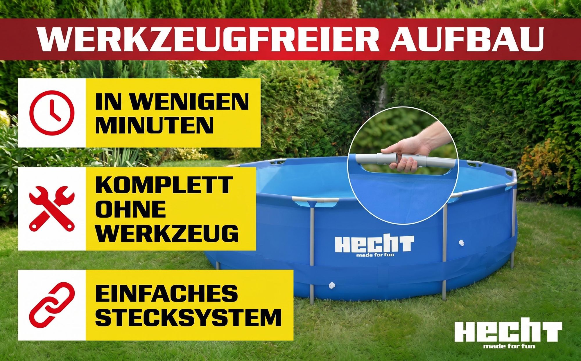 HECHT 3690 Metall Frame Pool Gartenpool | 360 x 76 cm | 6125 Liter | 2 x 32 mm Ø-Pumpenanschluss