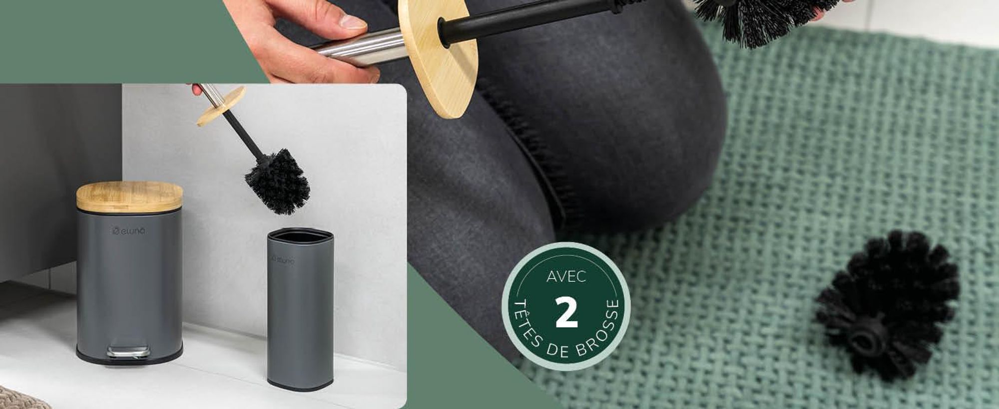 Ensemble WC eluno FRAMURA, comprenant une brosse WC sur pied avec 2 têtes de brosse noires, en métal blanc avec couvercle en bambou
