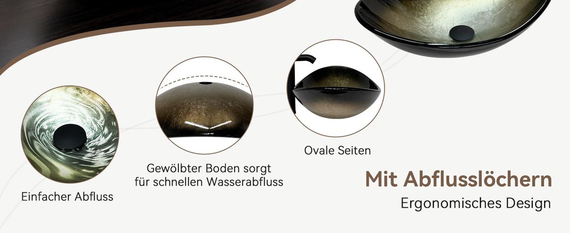 uluomis Waschbecken Glas Aufsatzwaschbecken Waschschale Oval mit Wasserhahn Ablaufgarnitur Schwarz hellgold