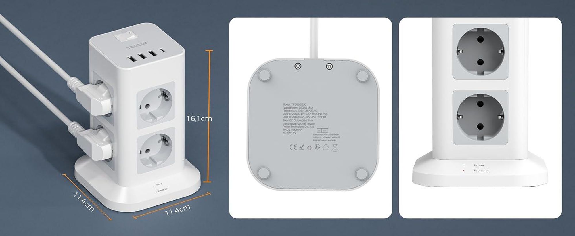 TESSAN 8 Fach Mehrfachsteckdose mit 1 USB C und 3 USB A Verlängerungskabel 2M Überspannungsschutz 3600W