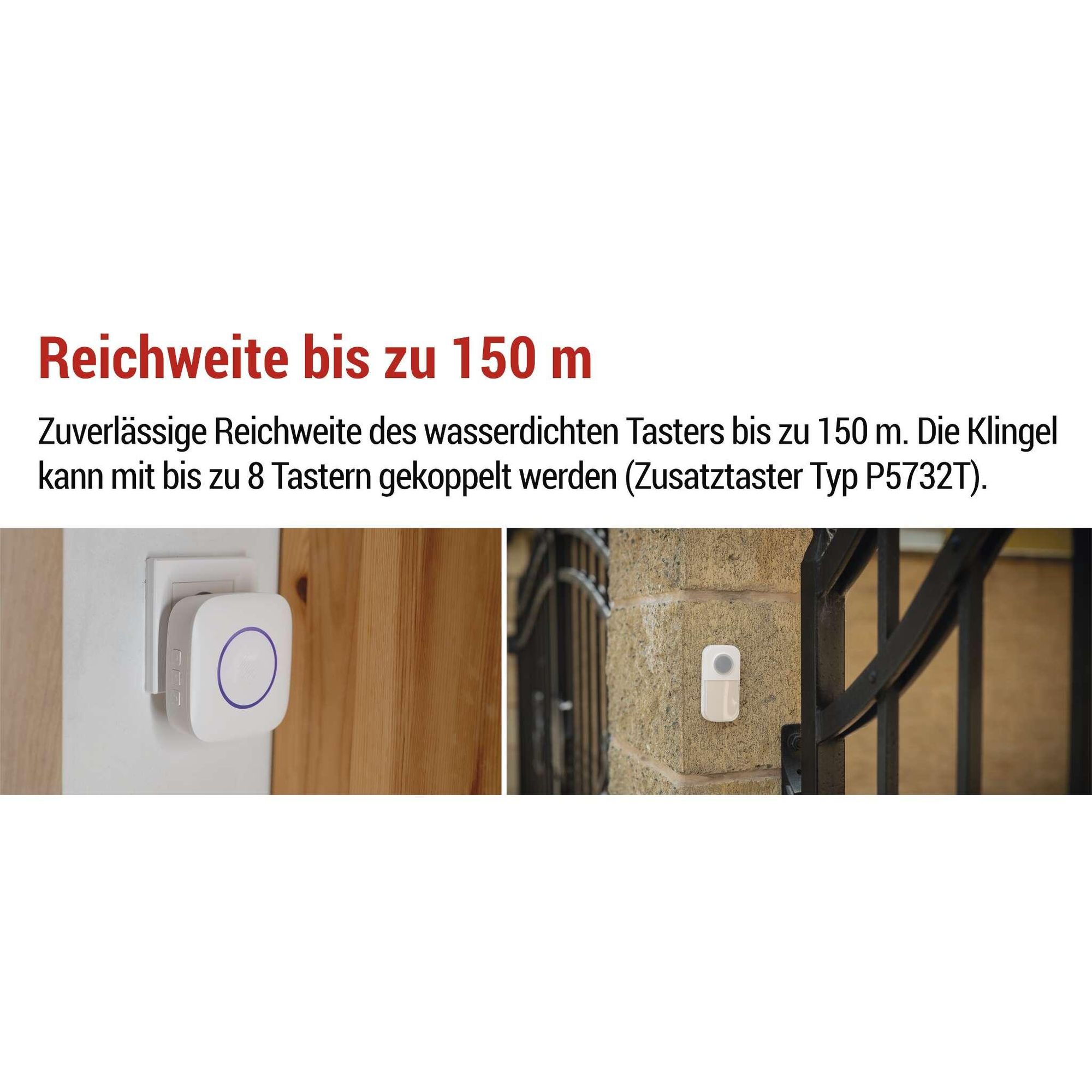 EMOS Türklingel/Set mit wasserdichtem Klingelknopf, 36 Melodien, farbige Signalisierung, 150m Reichweite, 90 dB, Plug-In/Batteriebetrieb, weiß, P5737