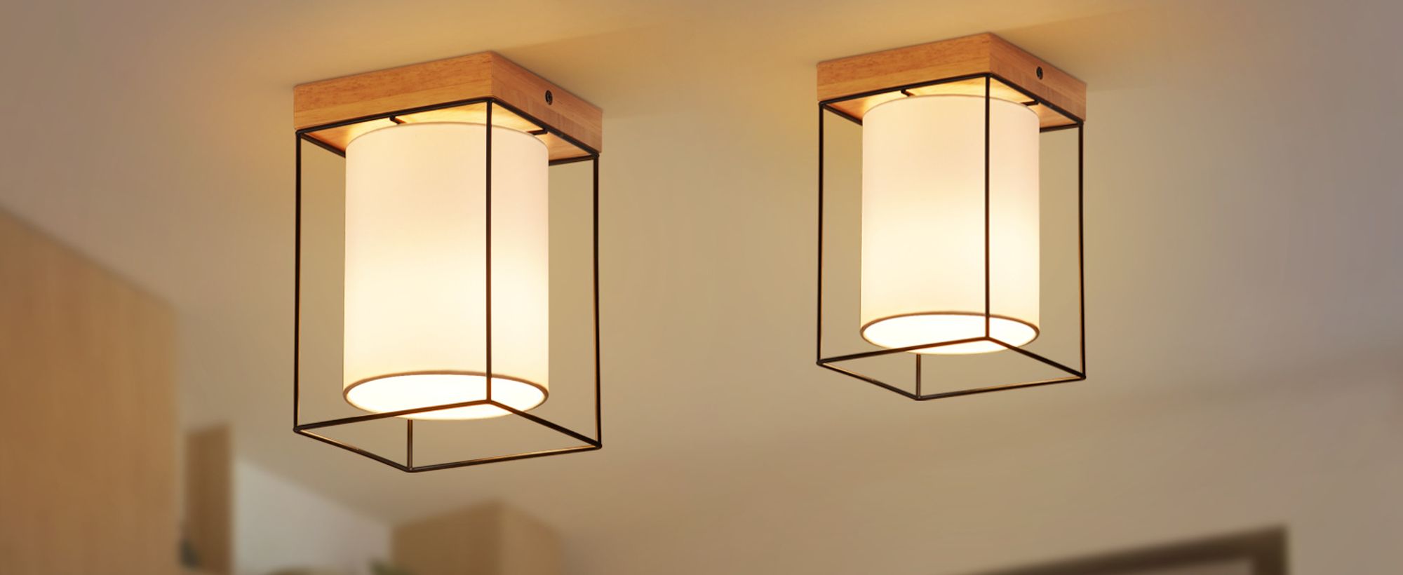 ZMH Deckenleuchte Flur Deckenlampe Holz 1 Flammig E14 Vintage Flurlampe mit Stoff Lampenschirm Küchenlampe Industrial Retro (ohne Leuchtmittel)