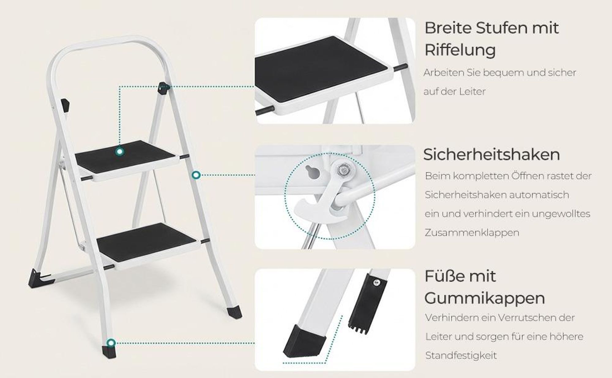 SONGMICS Trittleiter, Leiter mit 2 Stufen, Klapptritt, bis 150 kg belastbar, Klappleiter