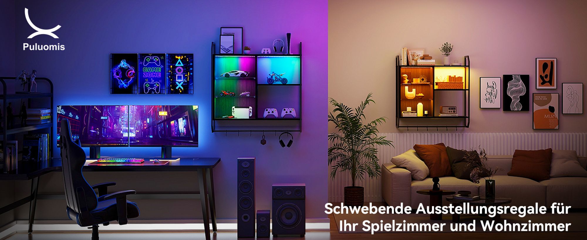 Puluomis Verstellbare Wandregal mit 6 Ablagen, 83x20x80cm, Holz Metall Hängeregal, RGB-LED-Lichter, Glas-Schweberegal, mit Hängestange schwarz