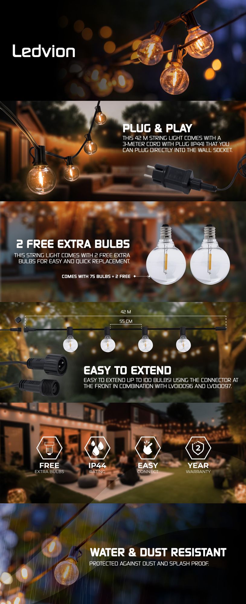 Ledvion LED Lichterkette Außen 42M IP54 22.5W 2200K Warm Weiß Outdoor