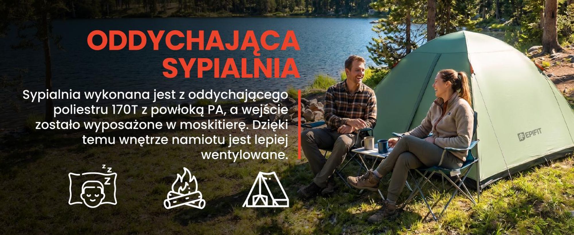 Dwuosobowy namiot turystyczny z moskitierą typu igloo i stelażem z włókna szklanego