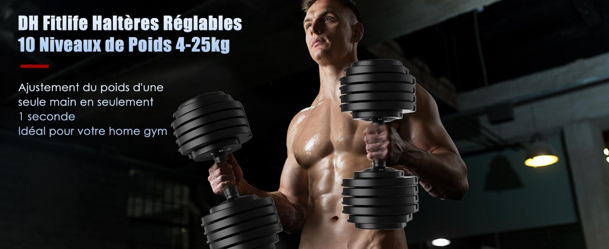 DH FitLife Haltère réglable 25 kg, 4 à 25 kg avec 10 niveaux, Système de verrouillage sécurisé, Base incluse, Gain de place