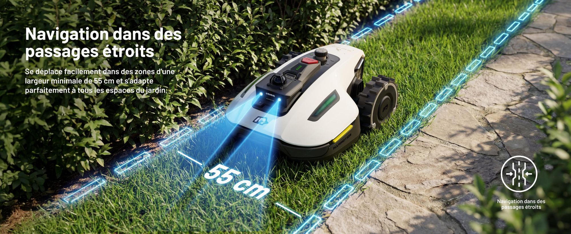 Robot Tondeuse Mammotion YUKA Mini 2 1000 avec garage, sans fil périphérique, jusqu’à 1000 m², DropMow, cartographie auto, coupe des bordures, APP