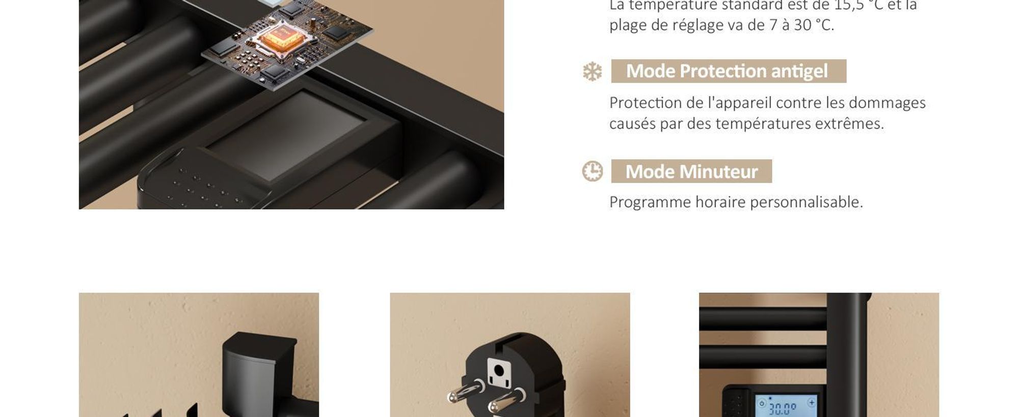 EMKE Sèche-serviettes électrique 1200x540 mm, 600W noir avec minuterie tactile et programmation hebdomadaire, radiateur de salle de bain