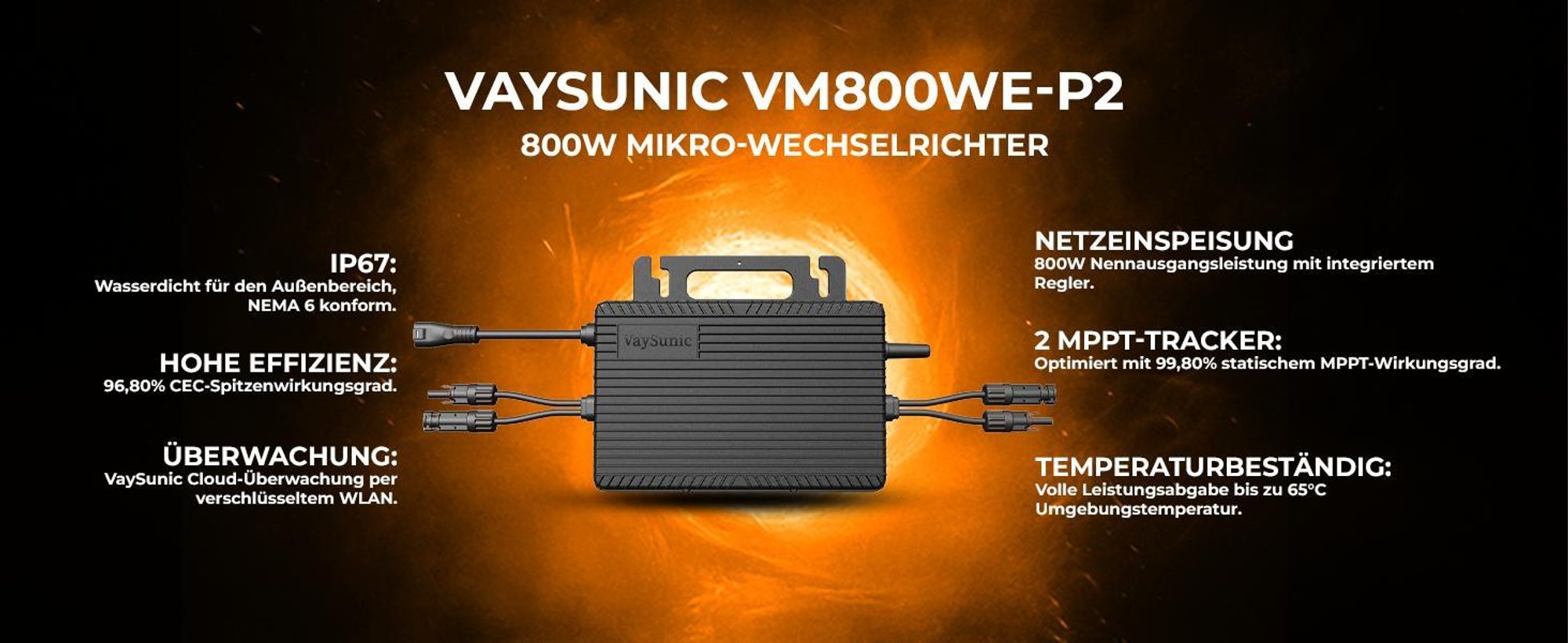 SUNNIVA 2000W Balkonkraftwerk BIFAZIAL FULLBLACK komplett Steckdose VAYSUNIC VM800WE-BE-P2 800W Wechselrichter, Solaranlage 4x500W Glas Solarmodule