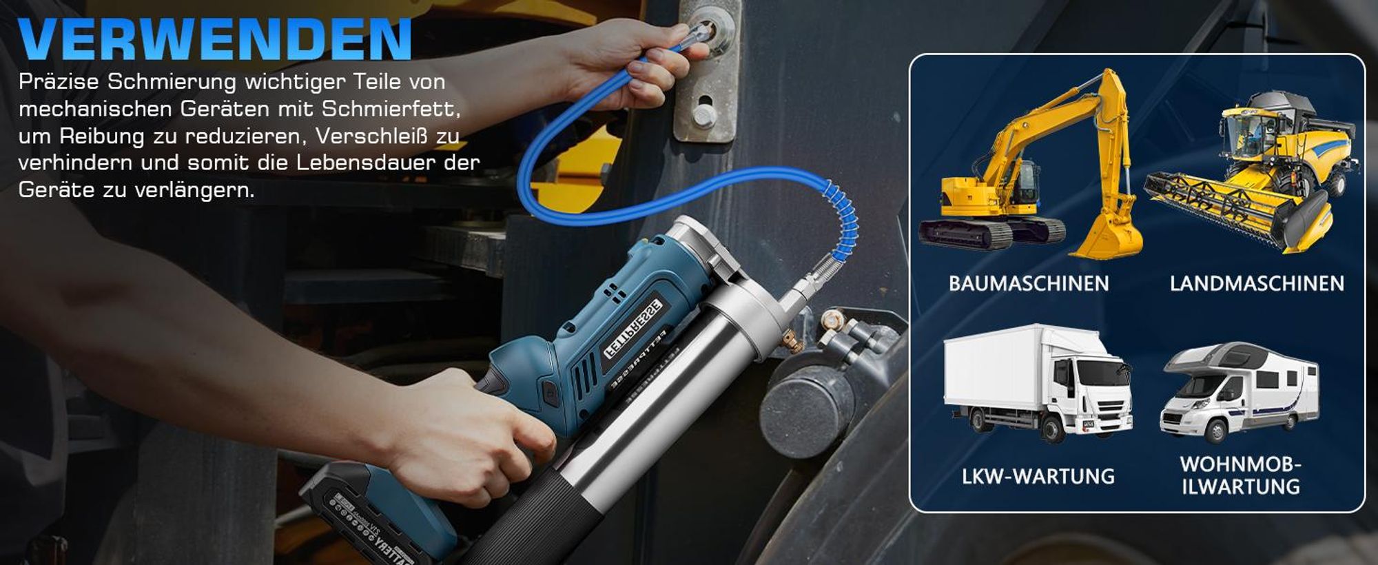 Akku Fettpresse 2-in-1 Elektrische Schmierpistole 12000 PSI mit 2 Akkus, 3 Düsen, Bürstenloser Motor, 100cm Flexschlauch, LED-Licht, 600g Kapazität