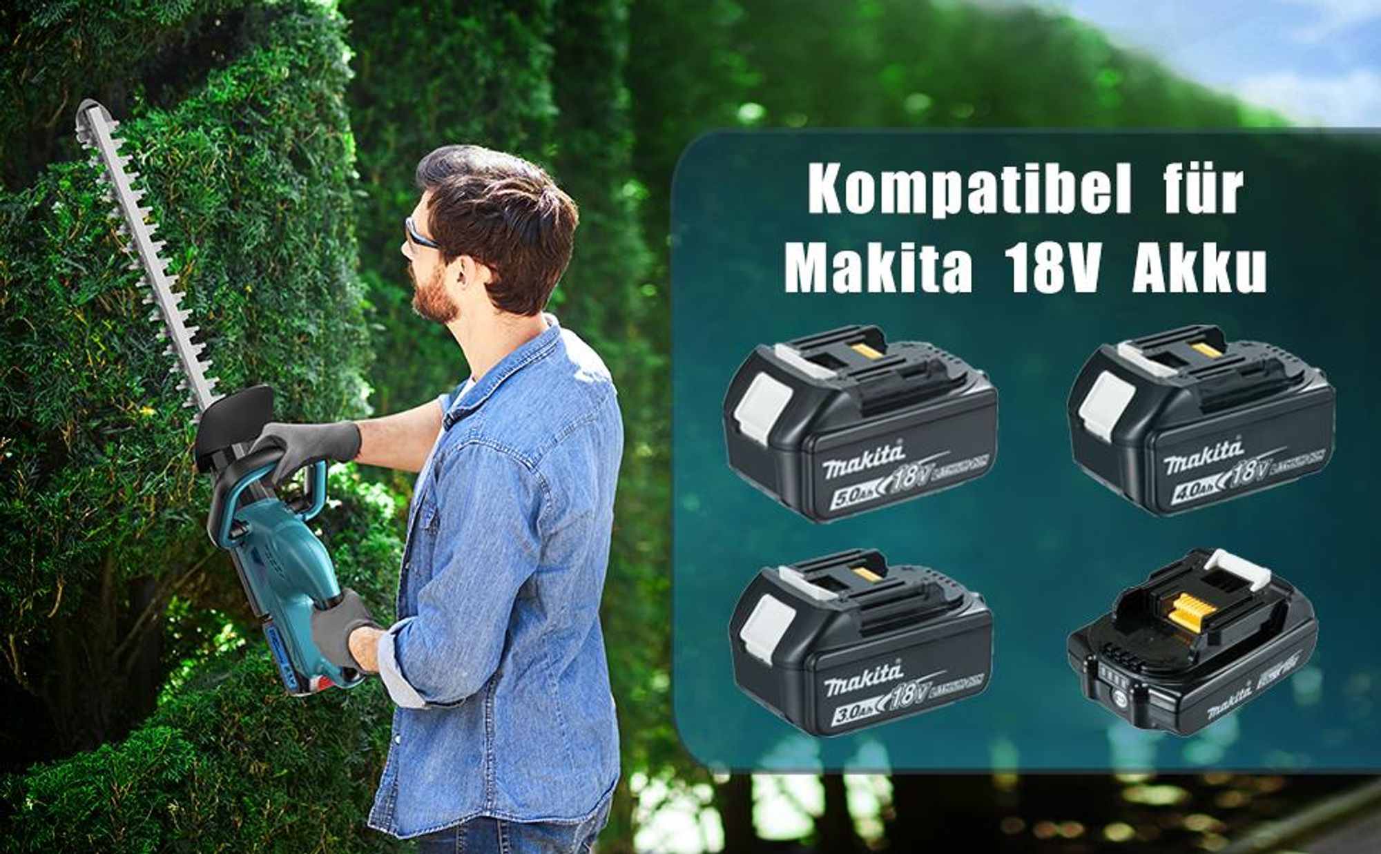 500W Akku Heckenschere mit Bürstenlosem Motor–530 mm Schnittlänge, kompatibel für Makita 18V Akku,für Hecken & Sträucher,20 mm Schnittstärke,onhe akku