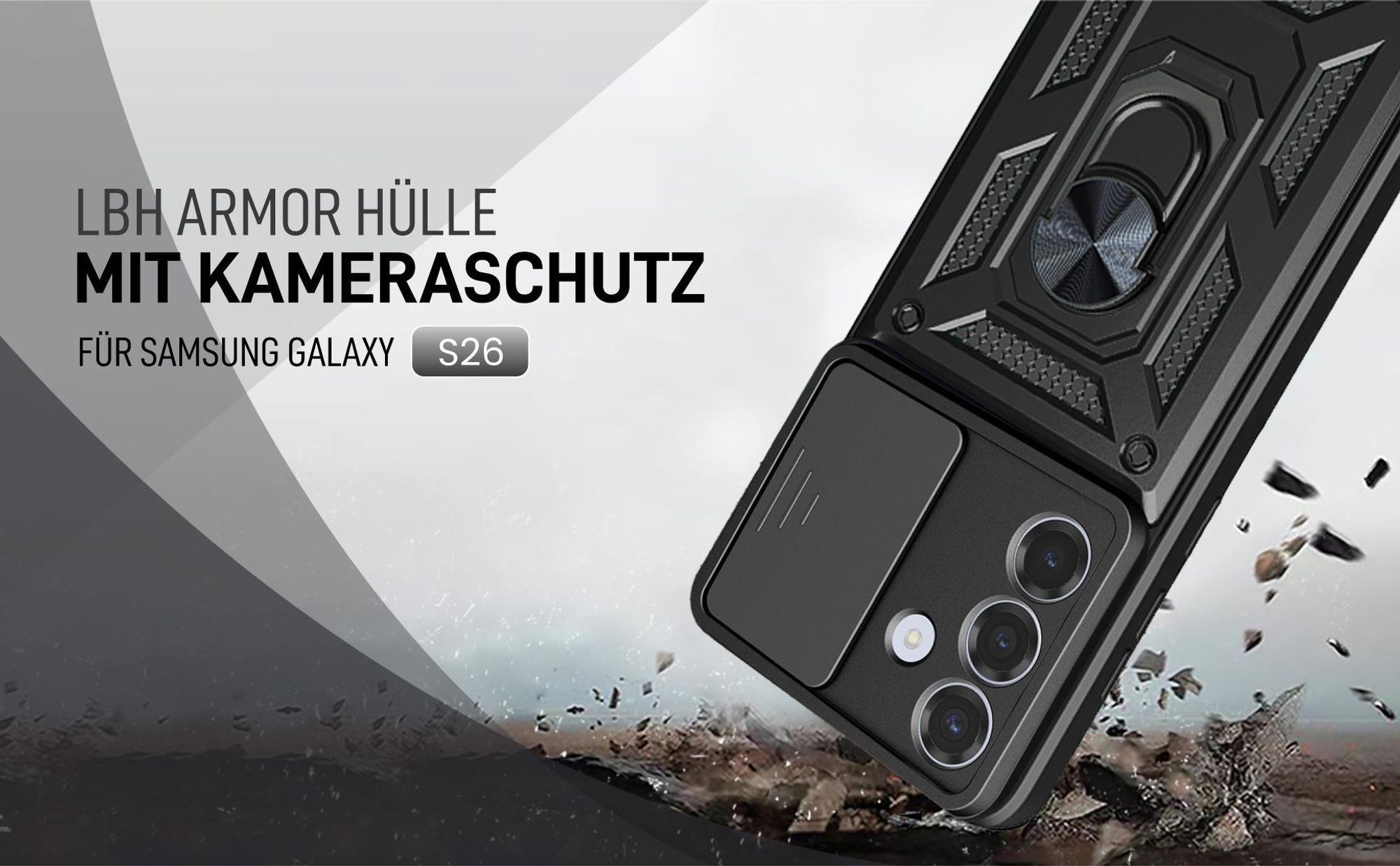 Schwarze Outdoorhülle mit Kameraschutz für Samsung Galaxy S26