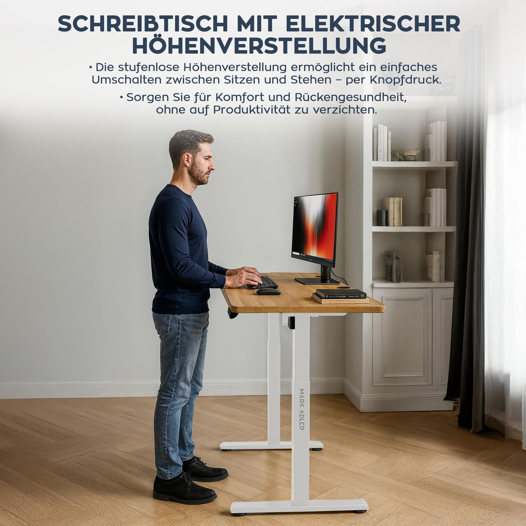 MARK ADLER Leader 7.0 | Höhenverstellbarer Schreibtisch Elektrisch Bürotisch Stehtisch | 120x60 cm | 3 Memory-Steuerung | Memoboard | Weiß Eiche