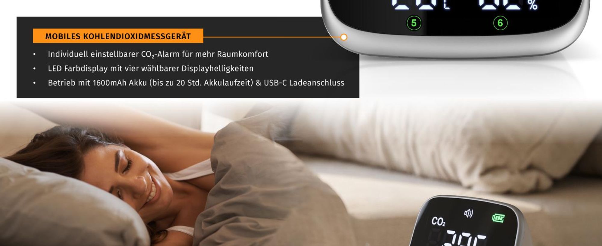 Brandson CO2 Messgerät mit LED Farbdisplay, CO2 Alarm, Akku mit 1600 mAh und USB-C