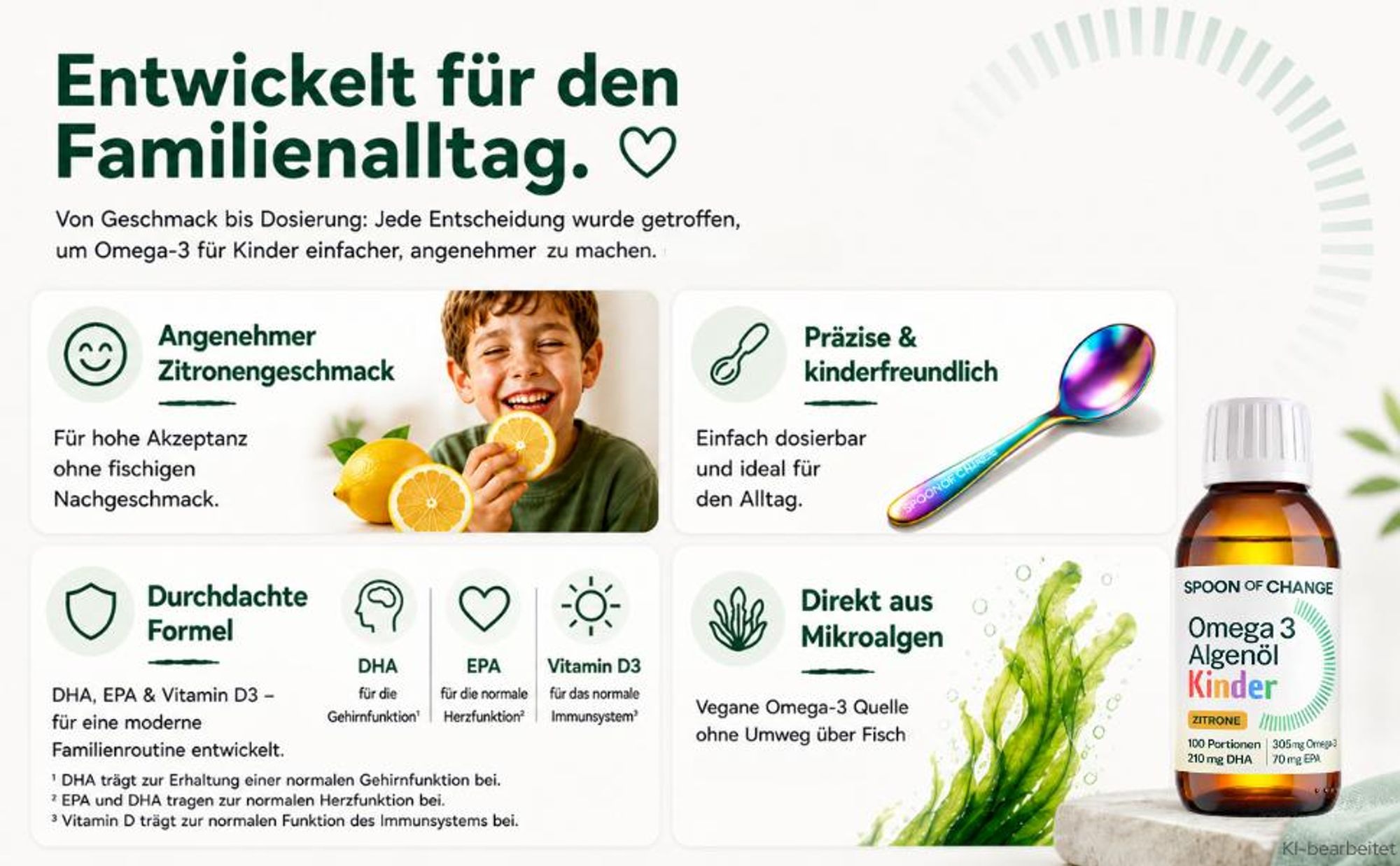Omega-3 Algenöl Kinder ab 3 - DHA & EPA + Vitamin D3 - ohne Fischgeschmack - 100 Portionen -mit Regenbogenlöffel - 305 mg Omega 3 pro Tag