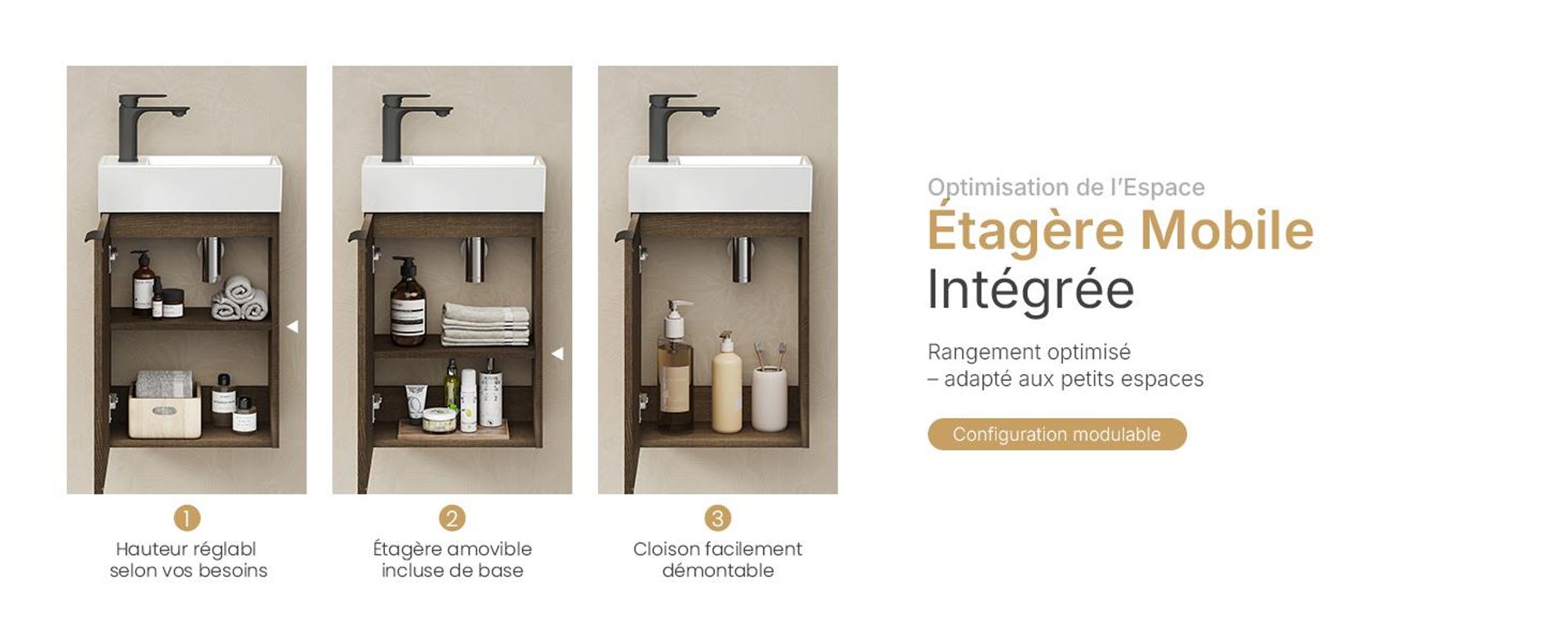 EMKE Ensemble de lavabos Meuble sous-lavabo avec vasque en céramique 417×240×646 mm suspendu, Soft-Close, chêne fumé