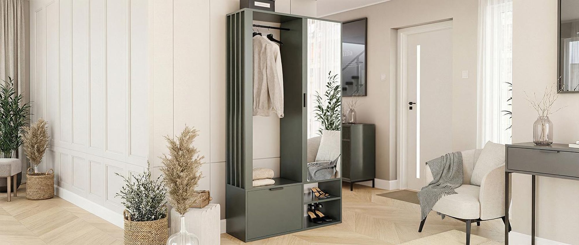 Idohome - Garderobenschrank Milo mit Spiegel, mit Ablagen und Kleiderstange, Farbe: Greenstone