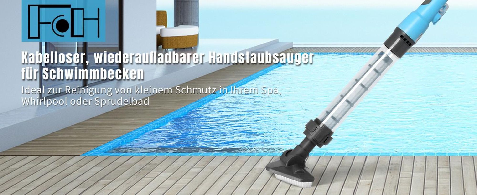 FCH Poolsauger, Kabelloser Poolsauger mit Teleskopstange, 60 Minuten Laufzeit, für kleine Pools, Spas 18W Blau