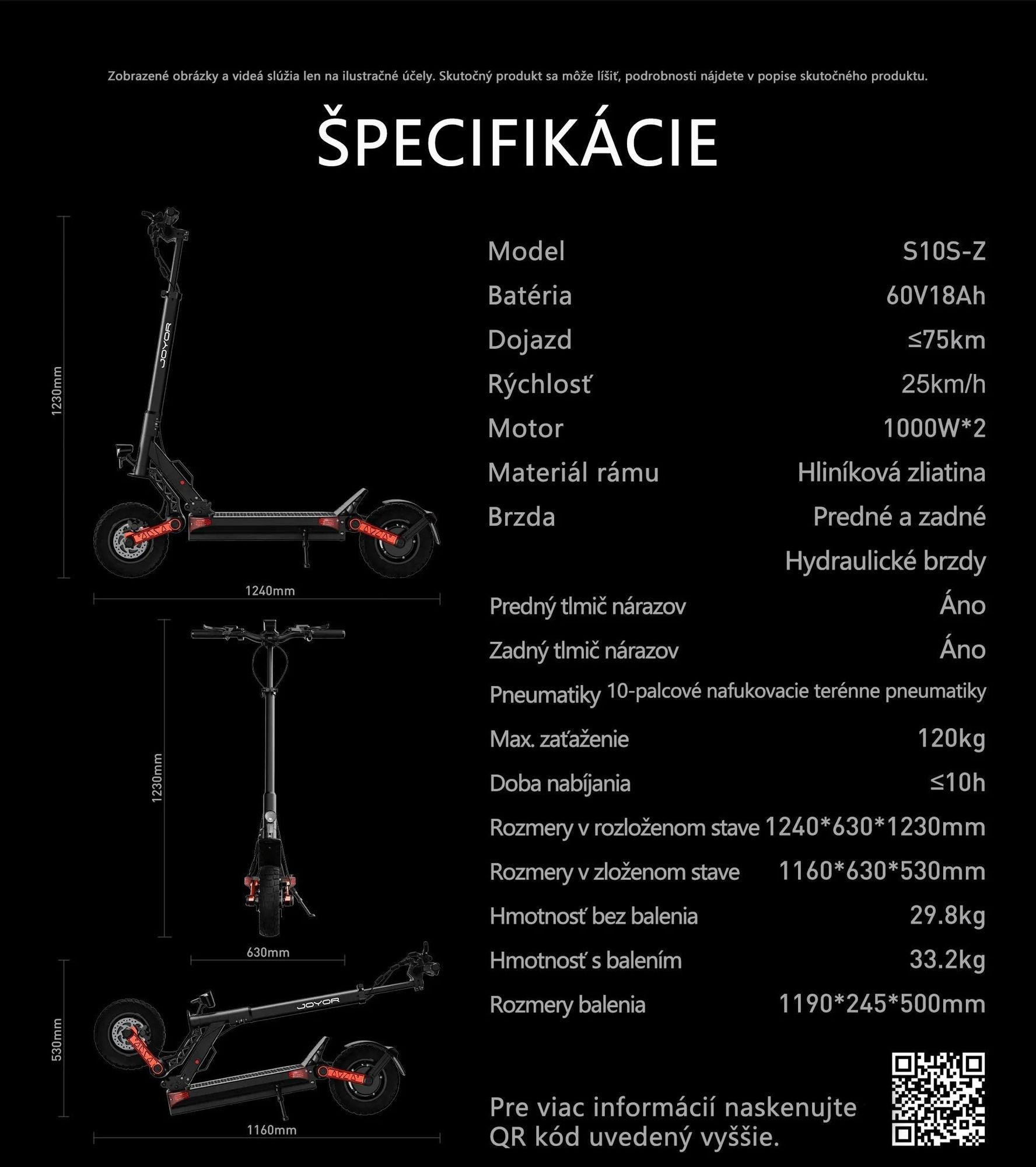 JOYOR S10-S-Z 2025 Elektrická Kolobežka - Motor 1000W*2 60V18AH Skladacia Bezpečnostné Svetlá Farebný Displej - Čierna