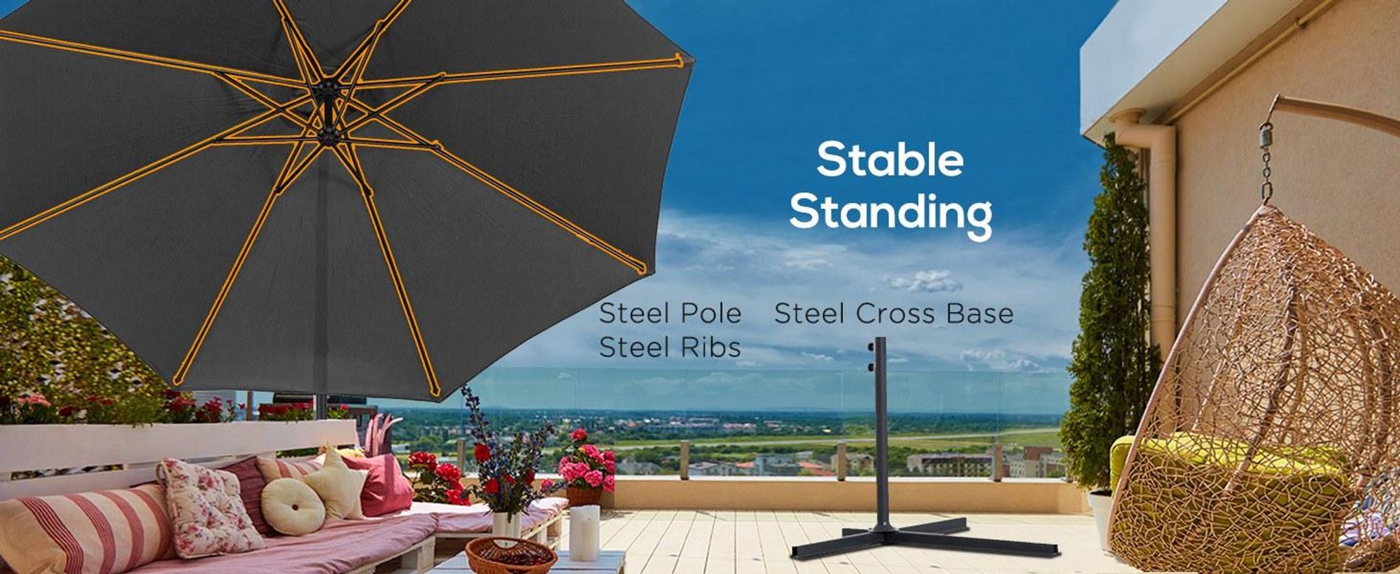 Parasol ogrodowy Outsunny Ø300 cm, uchylny, z ochroną UV, parasol z korbką, stojakiem, mechanizmem korbowym, parasol ogrodowy, ochrona przeciwsłoneczna na balkon, taras, szary