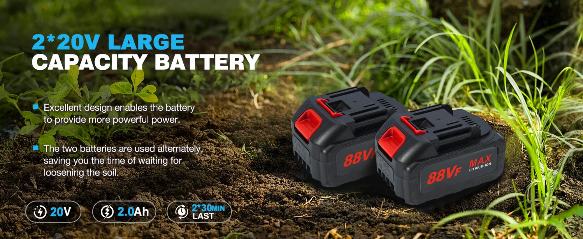 Gartenfräsen,Akku-Bodenfräse,360 U/min elektrischer Gartenfräsen,schnurloser Kultivierer,mit 2 Batterie,Handheldin Gartenbetten,Zwei weitere Klingen