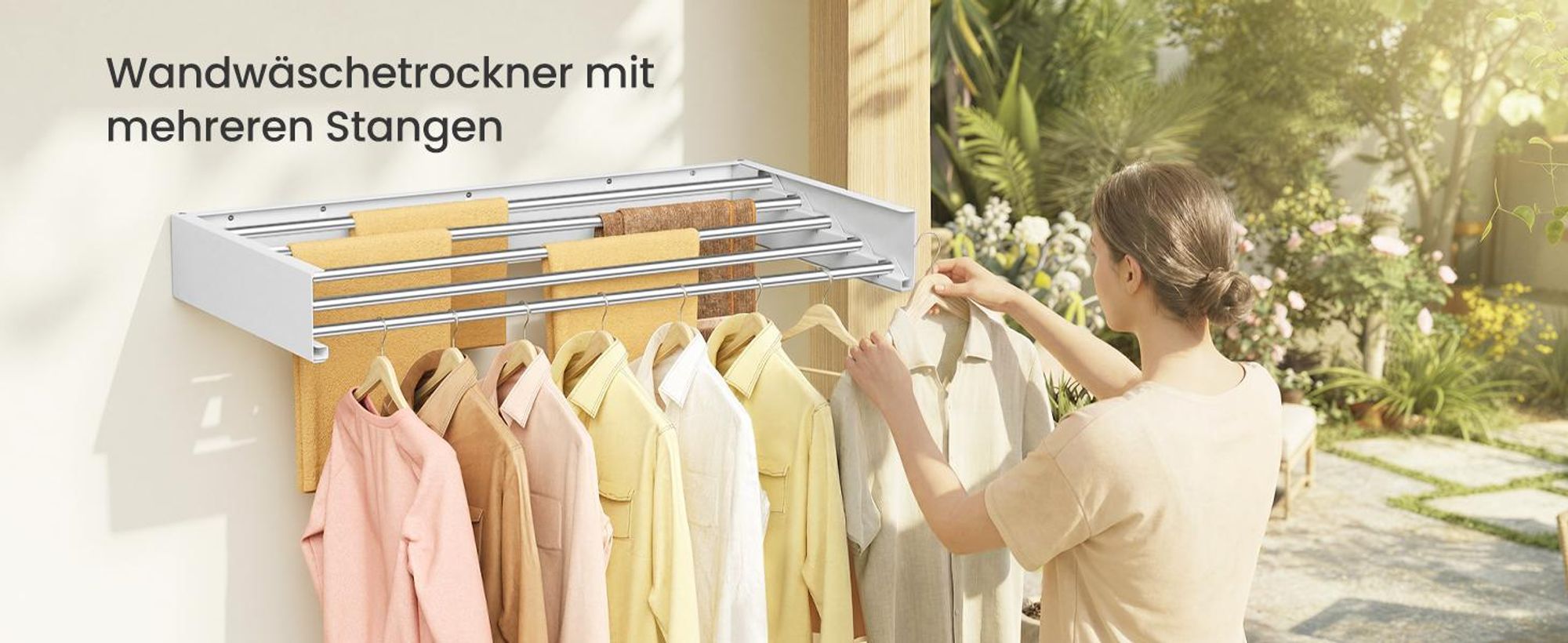 SONGMICS Wandtrockner ausziehbar, klappbarer Wäschetrockner mit 5 Stangen, platzsparend für innen und außen, 80 cm, weiß
