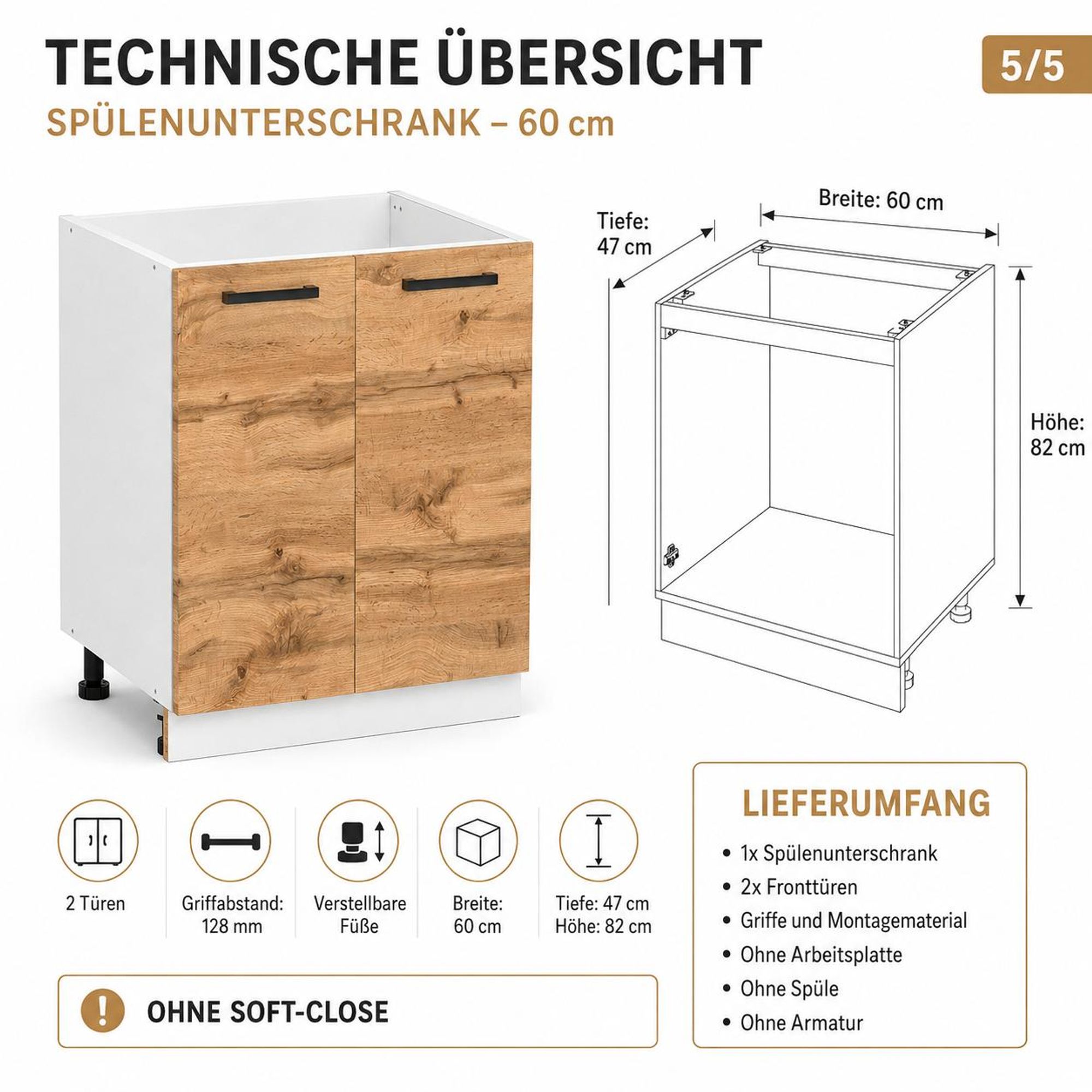 Spülenunterschrank 60 cm Eiche Wotan: Technische Übersicht & Lieferumfang.