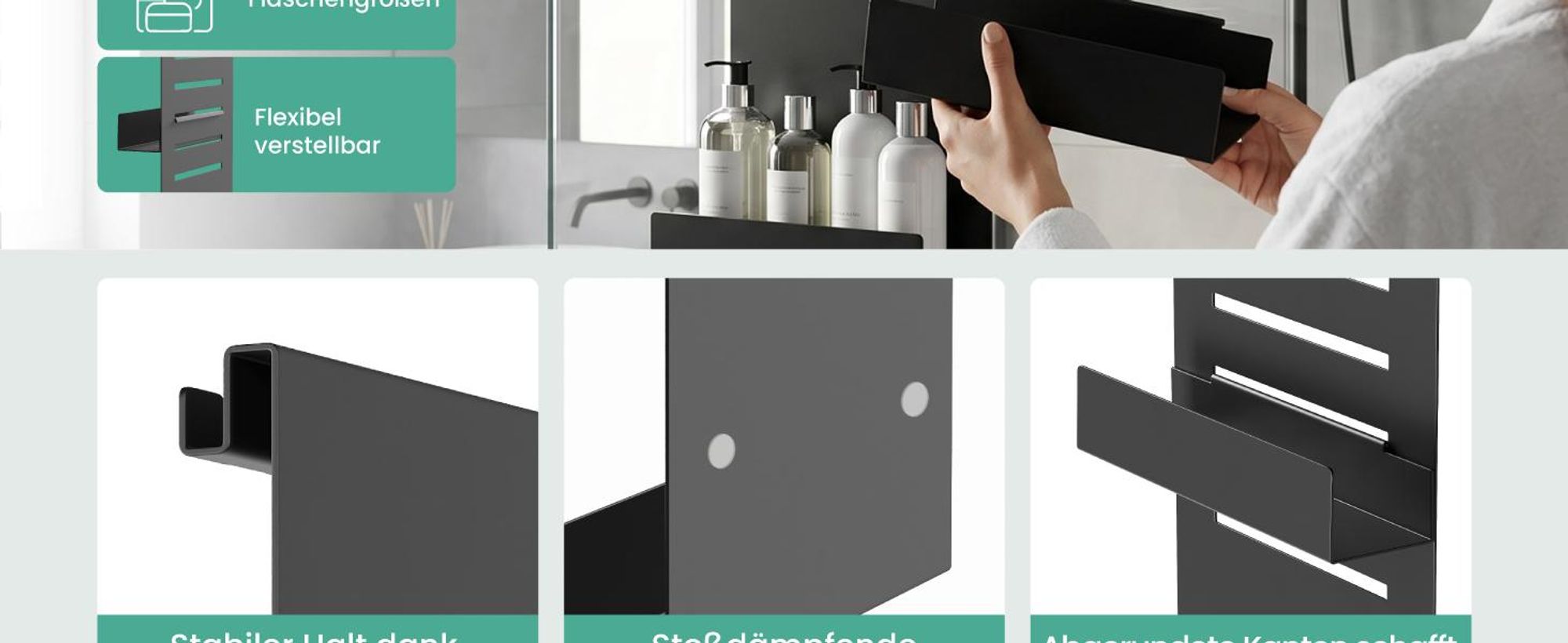 Mai & Mai Duschablage zum Hängen, Duschregal Ohne Bohren für Glasduschtüren, Hängeregal mit 2 Etagen und 3 Haken,  Sandschwarz 30x60x8cm Oryne-01