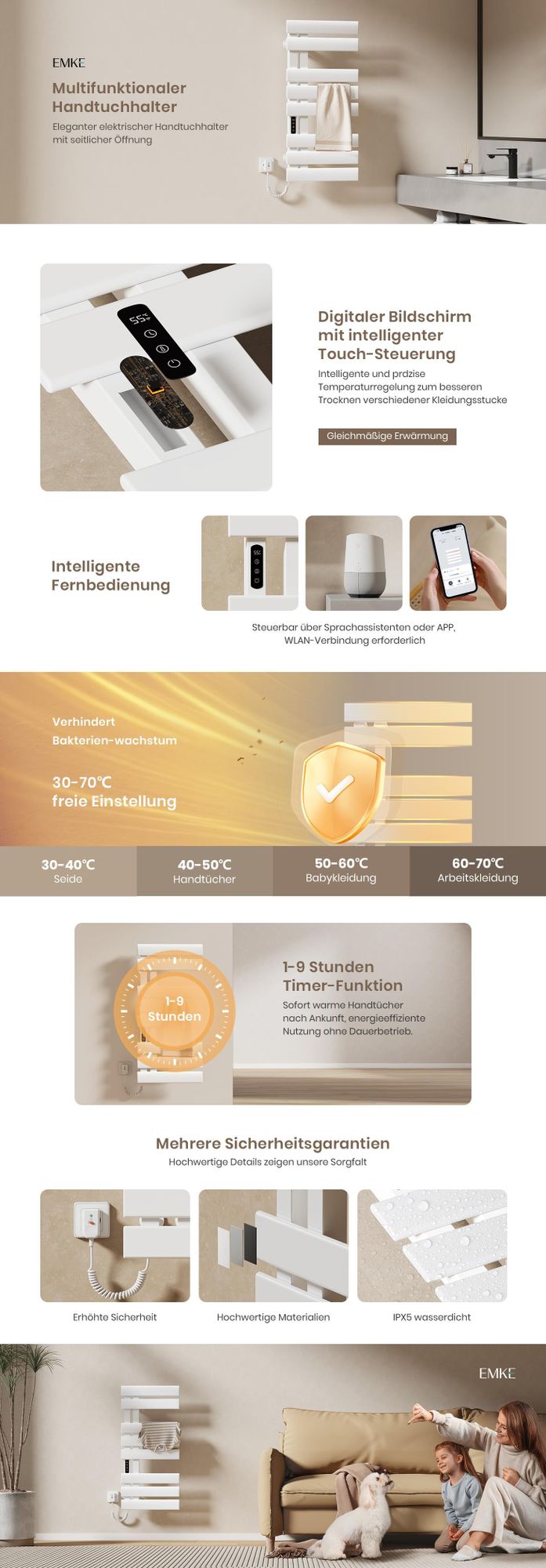 EMKE Handtuchwärmer elektrisch Intelligente Badheizkörper, 850X400mm 230W Handtuchheizkörper Wifi APP Steurung Touch LCD Timer 1-9H, IPX5 Weiß