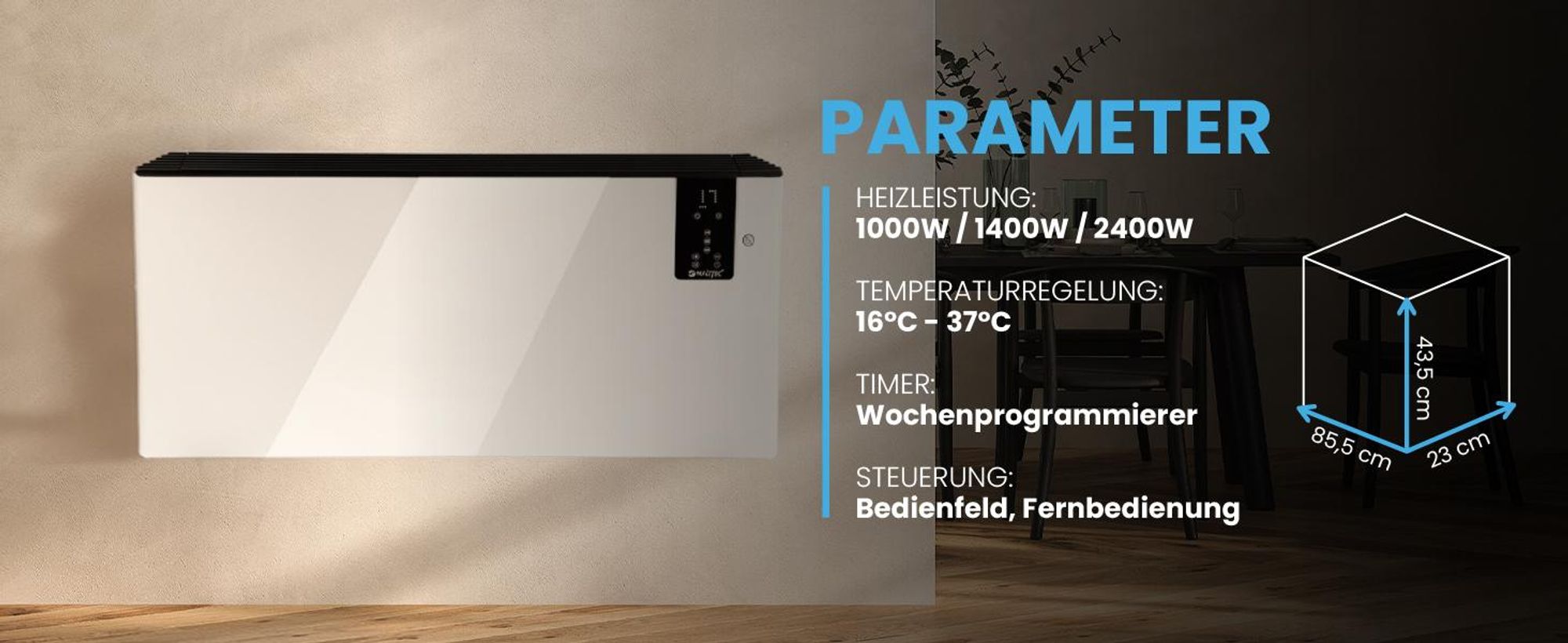 Badheizkörper Elektrischer Heizkörper BH500W-WH MalTec 970 x 535mm Programmierer 3 Heizleistungen 500W Konvektor