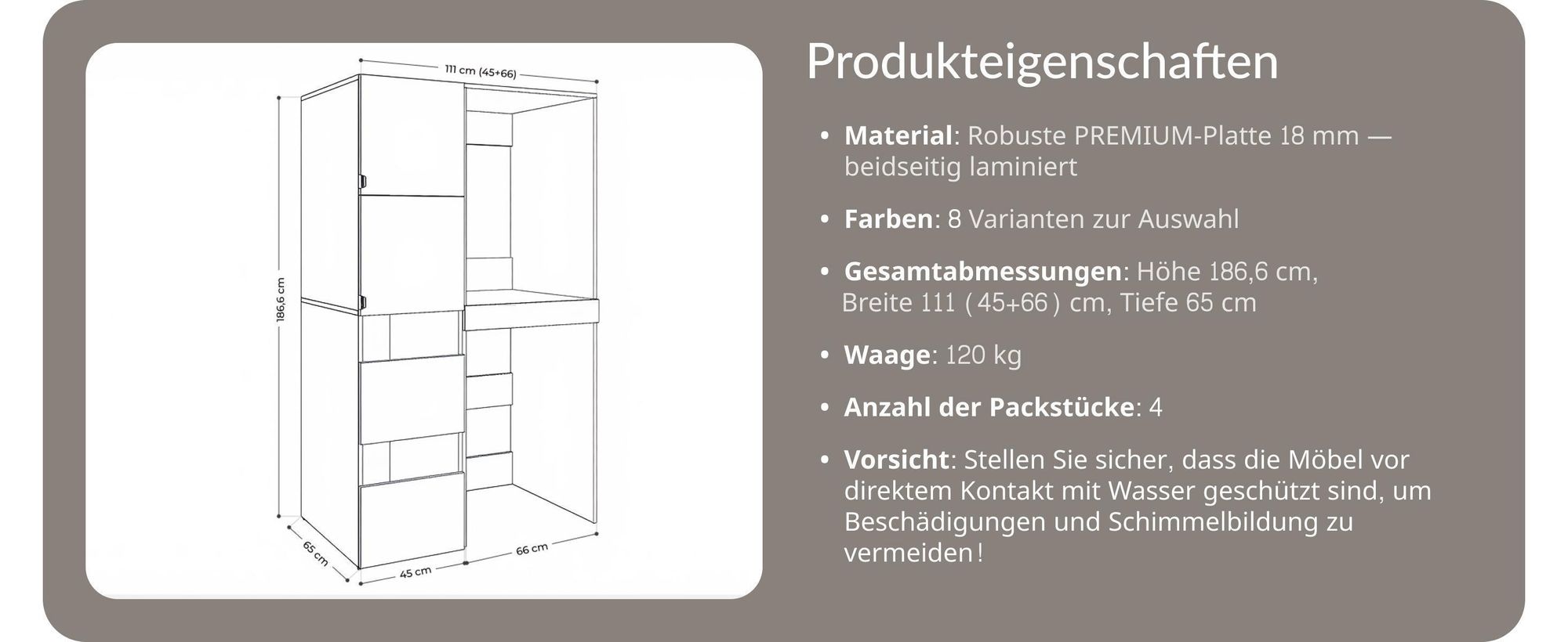 Hochschrank Badschrank für Waschmaschine und Trockner – Waschmaschinenschrank Überbauschrank 187 x 65 x 111 cm (45+66) (Kaschmir)