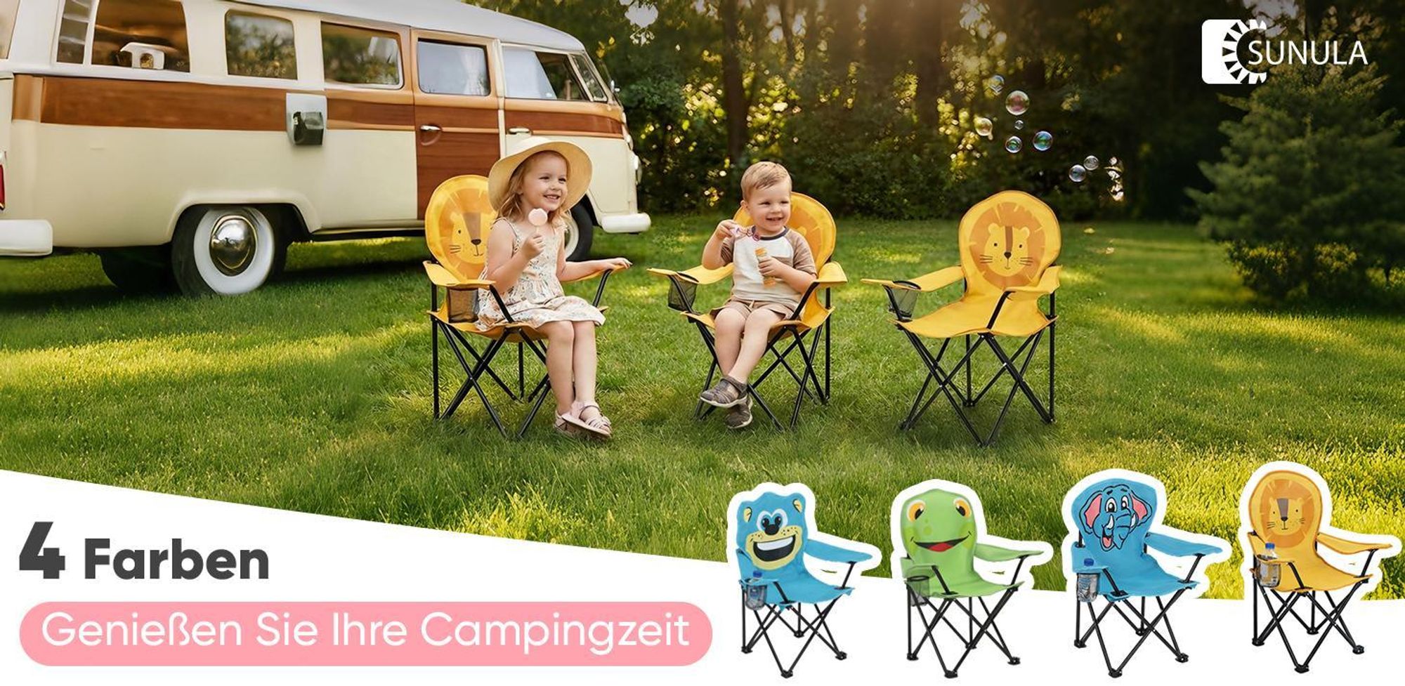 Sunula 2er Set Kinder Campingstuhl mit Getränkehalter, Anglersessel Kinder Klappstuhl, Gelb - Löwe