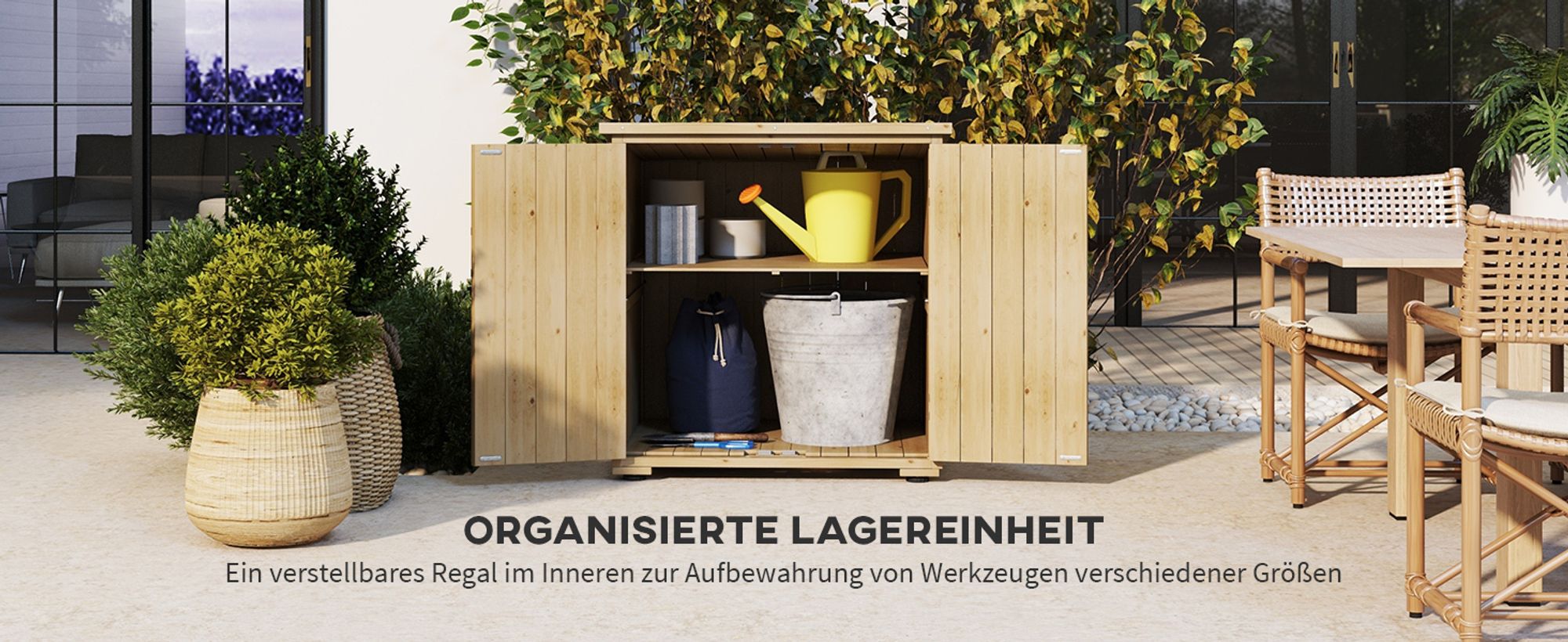 Outsunny Gartenschrank, Geräteschrank, Wetterfester Geräteschuppen, Holzschrank mit Doppeltür, Gartenschuppen für Garten, Balkon, Natur, 77,5 x 88 x 90 cm